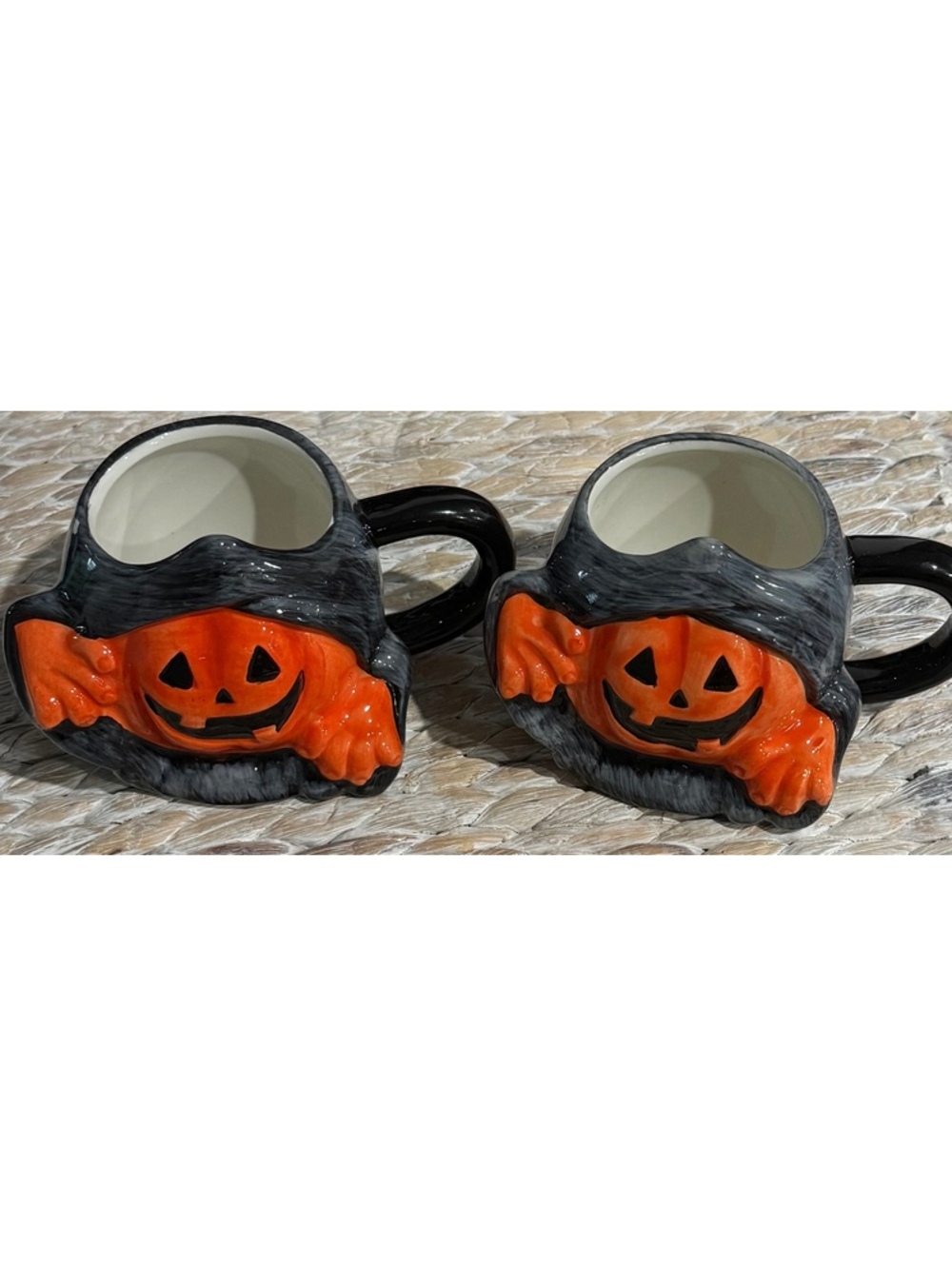 Set of 2 Halloween Pumpkin Coffee Mug 15 fl oz Earthenware Lewis Hyde and EEK!